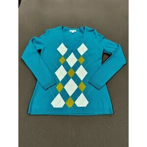 New York & Company Argyle Sweater Small Teal V Neck Knit Long Sleeve Y2K